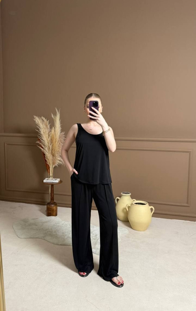 Siyah Bağcılıklı Örme Pantolon