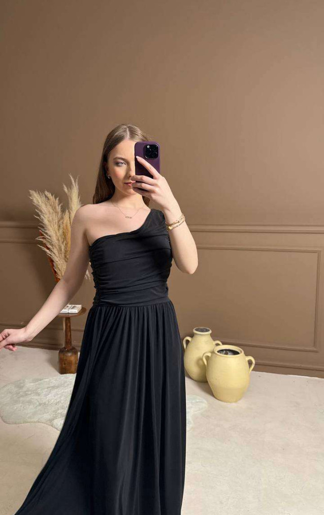 Lacivert Tek Omuzlu Elbise