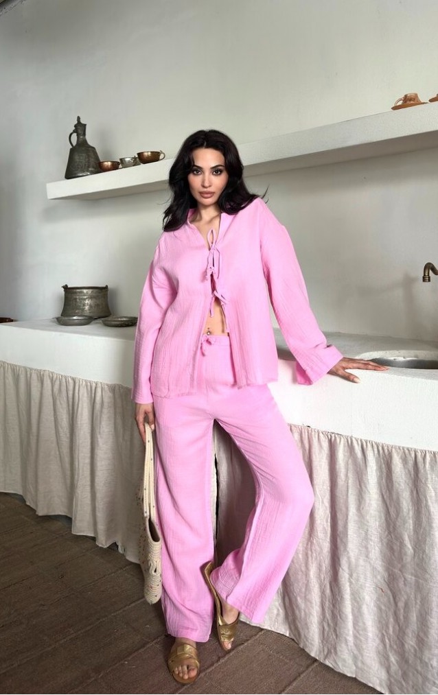 Pamuk Keten İnce Takım Pembe