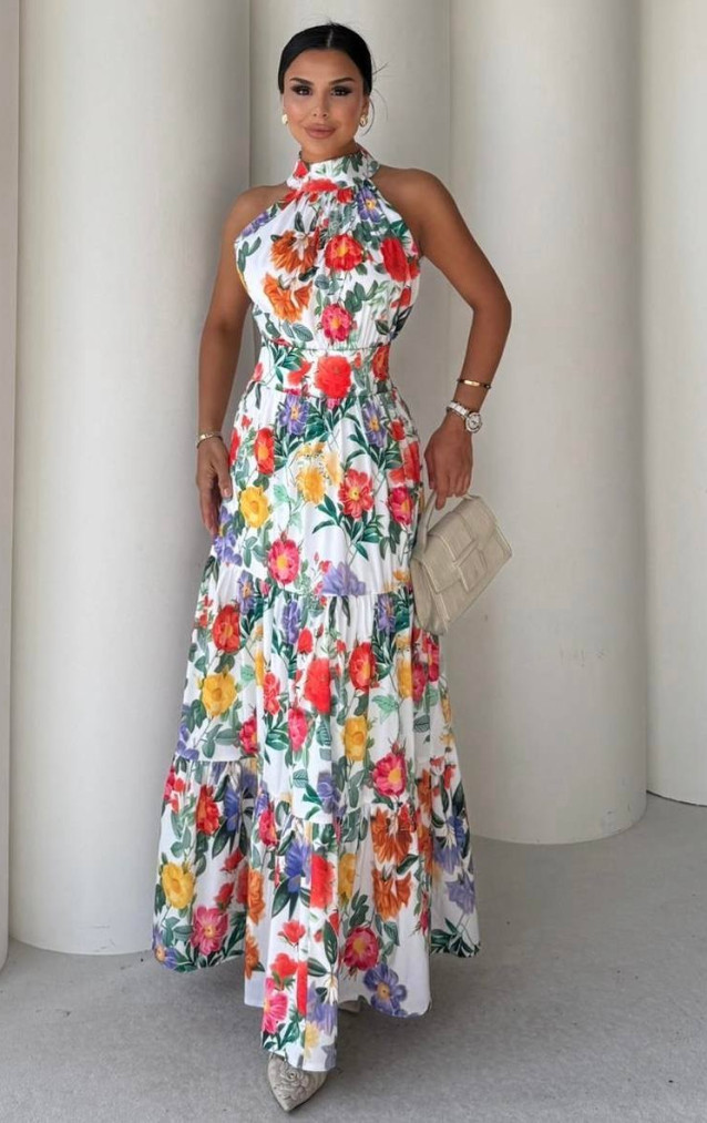 Çiçek Bahçesi Halter Yaka Maxi Elbise