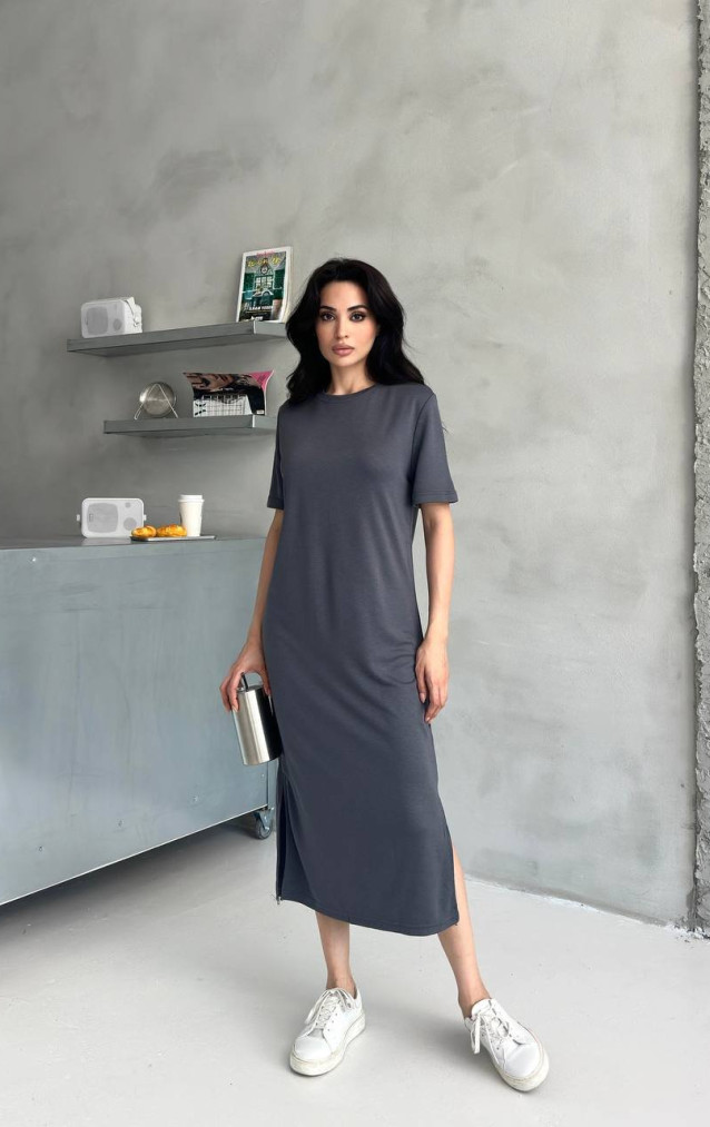 Gri Yırtmaç Detaylı Basic Elbise