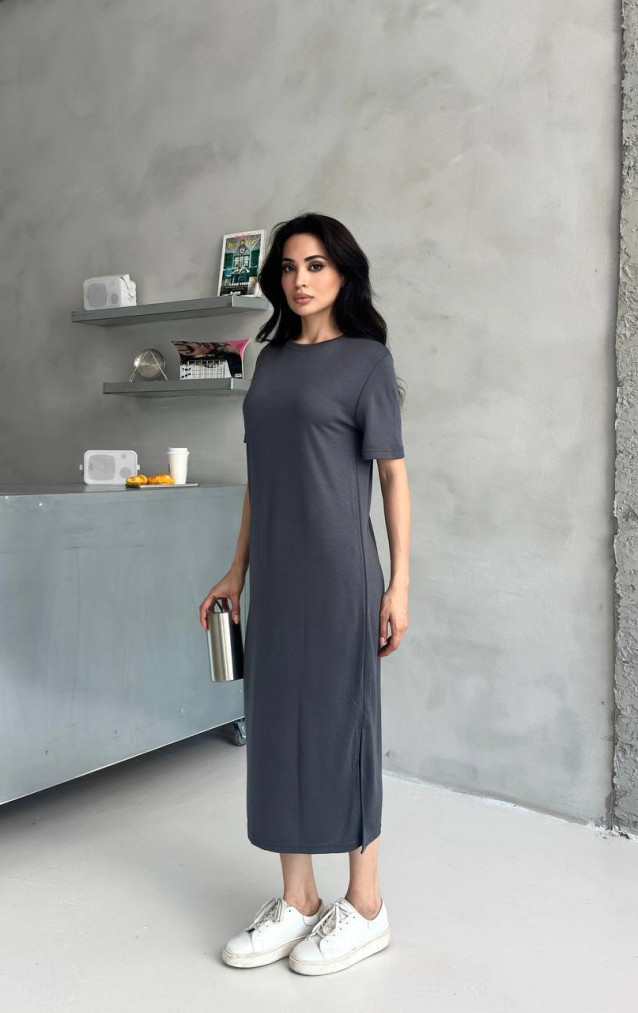 Gri Yırtmaç Detaylı Basic Elbise