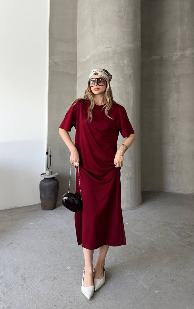 Bordo Yırtmaç Detaylı Basic Elbise