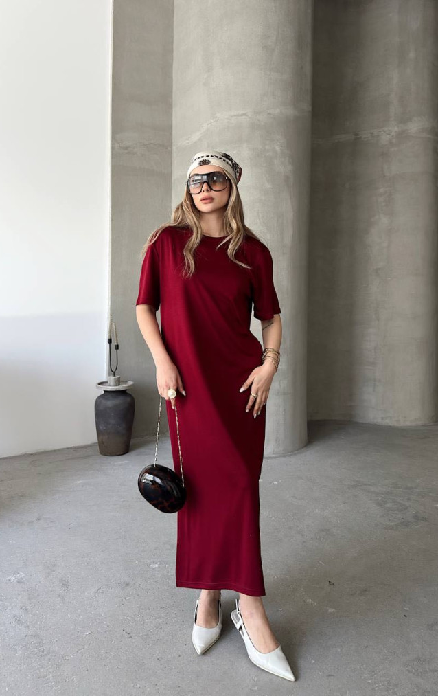 Bordo Yırtmaç Detaylı Basic Elbise