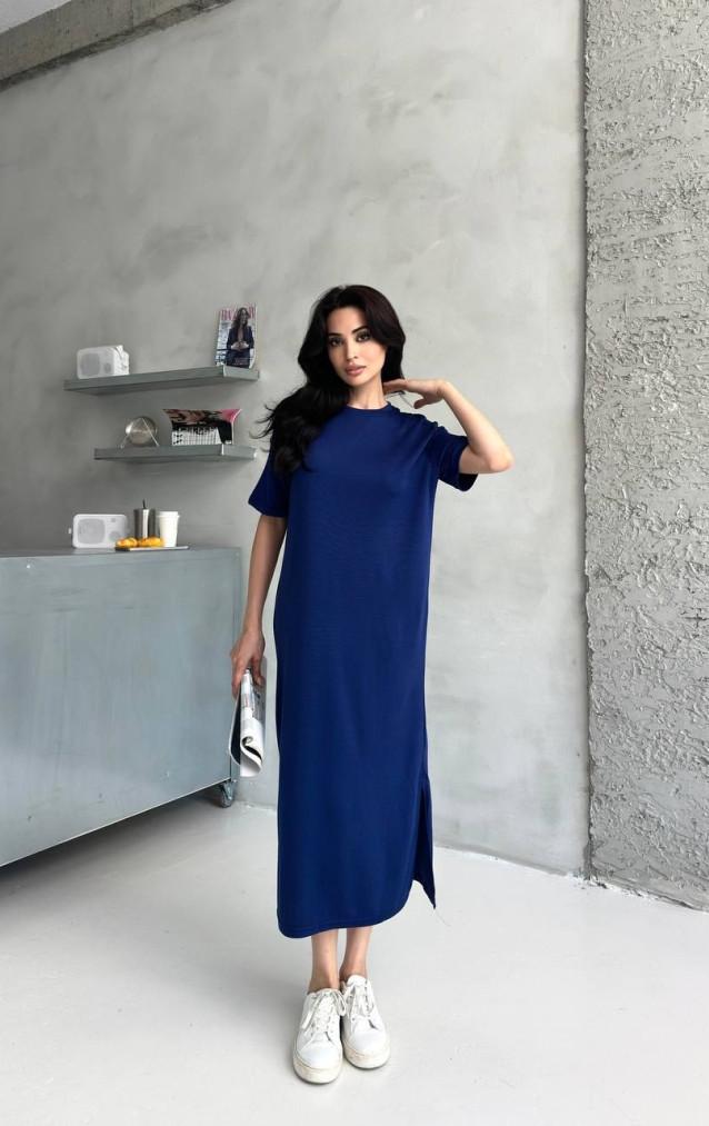 Saks Mavi Yırtmaç Detaylı Basic Elbise