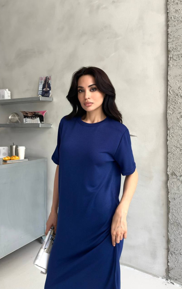 Saks Mavi Yırtmaç Detaylı Basic Elbise